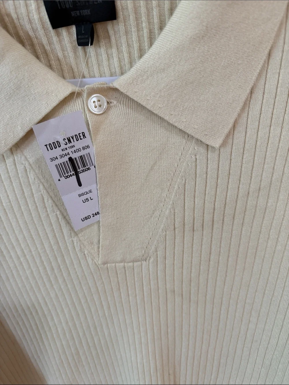 Todd Snyder Bisque Ribbed V-Neck Polo Sweater Sz L.  New/Flawed Box46